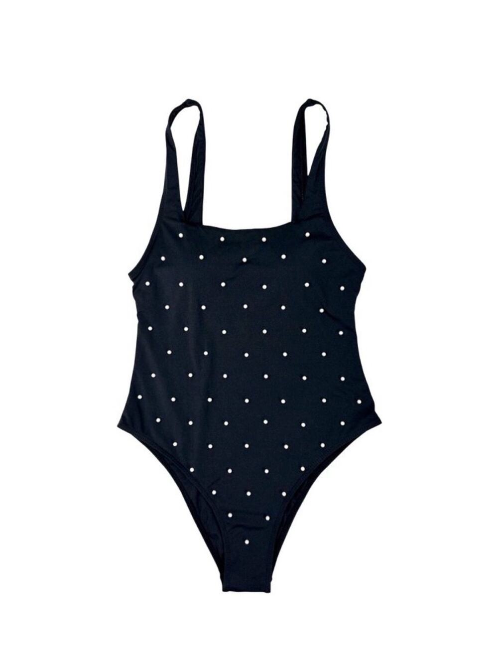 NEW bebe Black One-Piece PEARL EMBELLISHED ONE PIECE Cheeky scoop Swimsuit Sz S